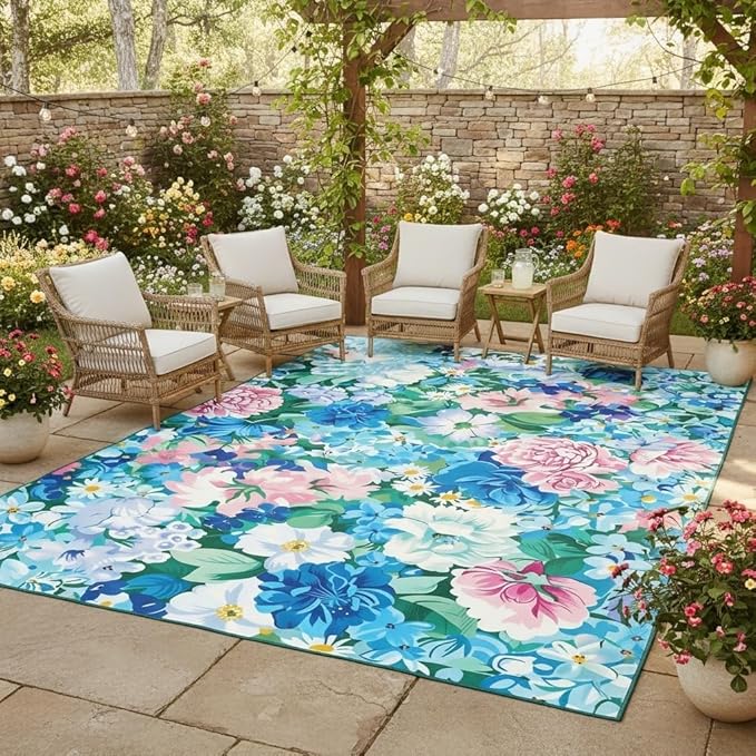 Romantic Teal Blue Pink Flower Pattern 8x10 Outdoor Rug for Patio Porch Balcony Garden Country Rustic Waterproof Washable Outside Carpet Modern Botanical Floral Indoor Outdoor Carpet Floor Covers