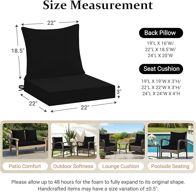 downluxe 22x22 Outdoor Chair Cushions, Waterproof Fade Resistant Patio Furniture Cushions with Handle & Removable Cover, Deep Seat Outdoor Cushions for Sofa, Couch and Patio Chairs, Black