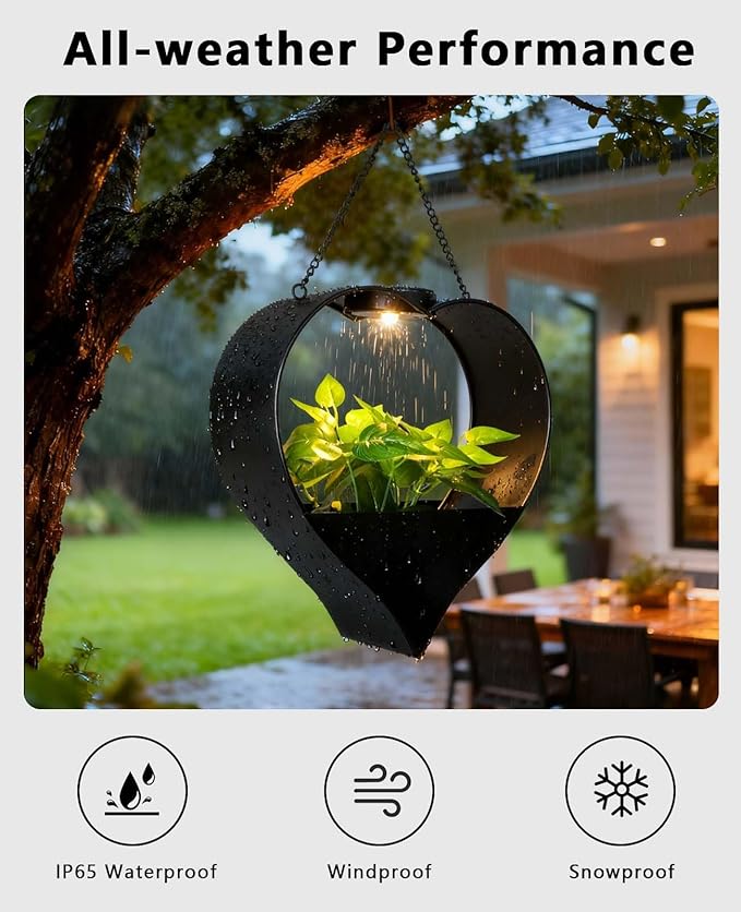 Hanging Planter with Auto-On/Off Solar Lights, Metal Heart Shaped Flower Pot for Home Garden, Patio, Porch, Balcony, Outdoor Decro, Unique Birthday Gifts for Women, Mom, Wife, Gardeners (Black)
