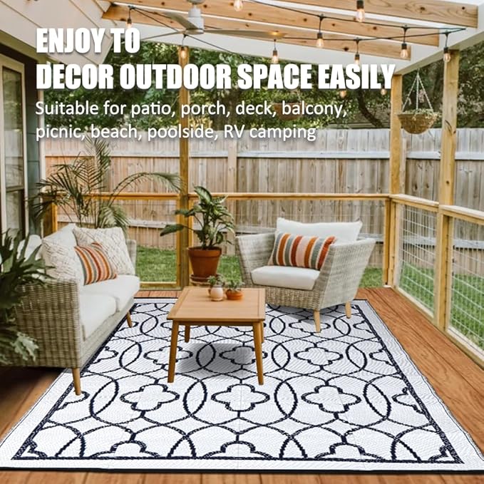Pendolr 5’x8’ Outdoor Rug Waterproof Carpet Patio Outdoor Plastic Straw Rug Camping Rug Reversible Outside Outdoor Area Rug for Balcony Deck Backyard RV Picnic Beach Navy&White 01#