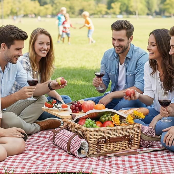 Multifunctional Wicker Picnic Basket Set for 2 with Blanket and Picnic Table, Insulated Picnic Set with Full Tablewares for Camping Outdoor Couples, Gingham