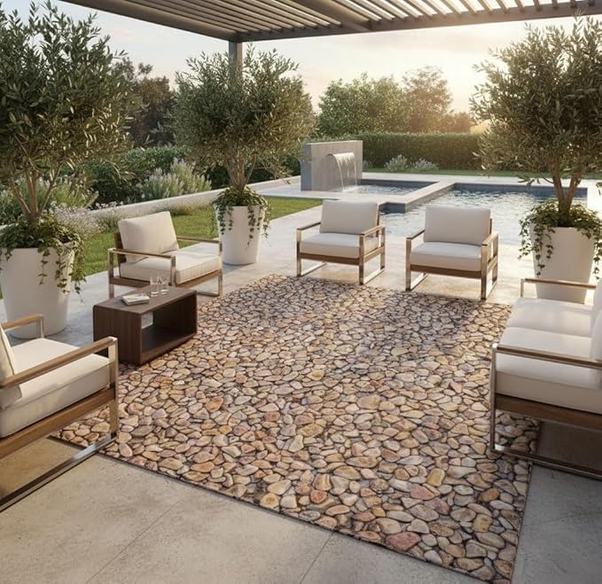 Coastal Beach Pebble Pattern Outdoor Rug 10x14 Washable Reversible Waterproof Thin Easy Clean Durable Beige Brown Outside Carpet for RV Camping Poolside Deck Balcony Garden Low Pile Floor Mat