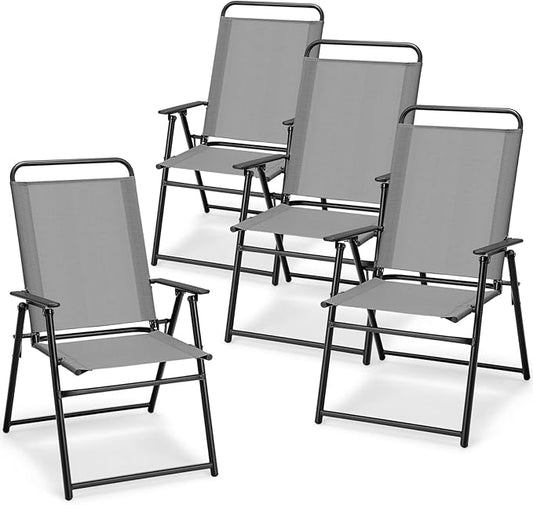 Giantex Patio Chairs Set of 4, Outdoor Folding Chairs with Armrests, Metal Frame, Outside Foldable Dining Chairs for Lawn Deck Porch Beach Yard (Gray & Black)