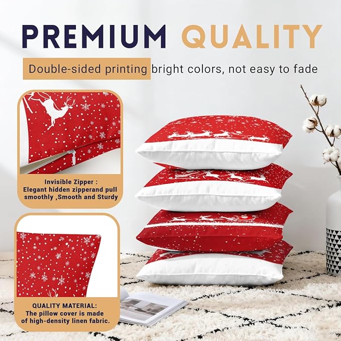 Christmas Red Pillow Covers 18x18 inch Set of 4, Santa Sleigh Reindeer Snowflake Winter Throw Pillows Cover Sofa Couch Pillow Cases for Farmhouse Indoor Home Decor Decorations