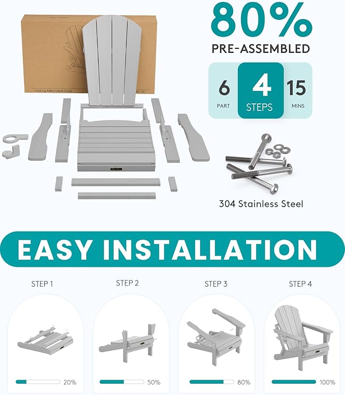 SERWALL Folding Adirondack Chair for Patio Garden Outdoors Fire Pit- Spanish Gray