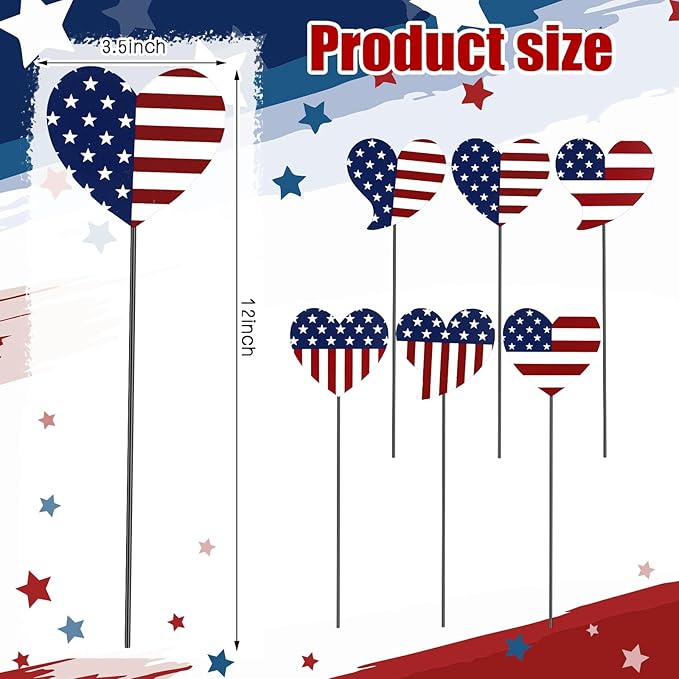 Pickmesh 6 Pcs 12" H Patriotic Metal Yard Sign Patriotic Heart Garden Stake 250th Anniversary USA Flag American Yard Sign for Memorial Day Outdoor Decor 4th of July Independence Day Decoration