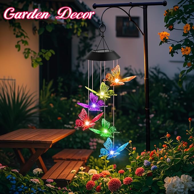 Easter Basket Stuffers Gifts for Her Mom Grandma, Birthday Gardening Gifts for Women, Winzwon Solar Lights Outdoor Wind Chimes for Garden Yard Patio Porch Decor Hanging Butterfly Decorations
