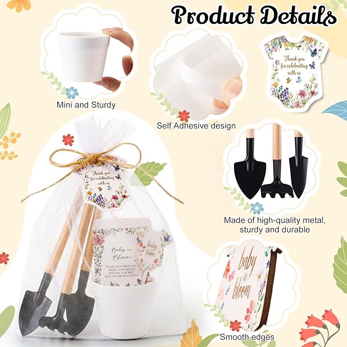 Amyhill 48 Sets Baby in Bloom Baby Shower Favors - Mini Succulent Pots, Seed Packets, Gardening Tools, Organza Bags for Guests Gender Reveal Birthday Party Gifts(White)