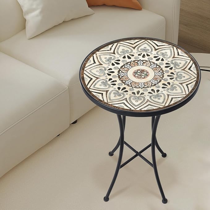 Vipush Mosaic Outdoor Side Table, 14" Round Folding Plant Stand for Patio Garden Backyard Balcony Porch Indoor Accent End Table for Living Room, Ceramic Tabletop with Black Iron, Melard