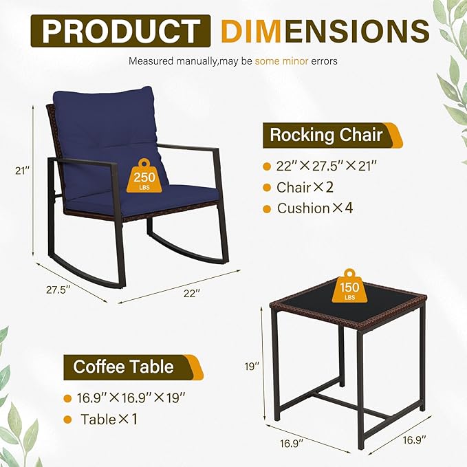 SUNCROWN 3 Piece Outdoor Rocking Bistro Set Brown Wicker Furniture Porch Chairs Conversation Sets with Glass Coffee Table, Dark Blue