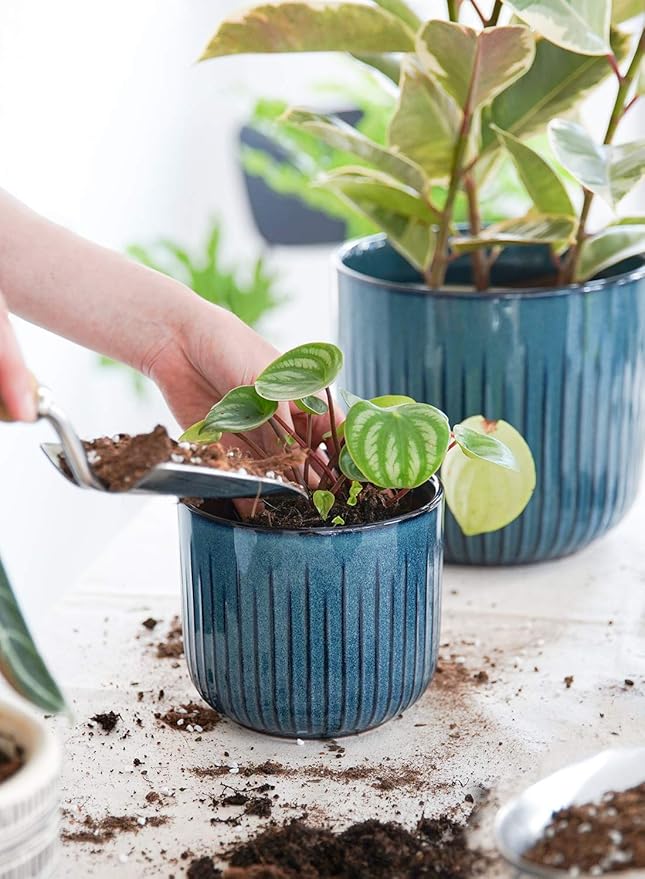 LE TAUCI Fluted Ceramic Plant Pots, 8.3/7/6 Inch Indoor Planters with Drainage Holes & Mesh, Modern Glossy Glaze Cylinder Flower Pot for Snake Plant, Set of 3, Harbor Blue