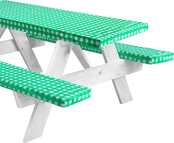 LINPRO 6ft Picnic Table Cover with Bench Covers Vinyl Fitted Picnic Table Covers with Elastic Camping Essentials and Picnic Tablecloth and RV Accessories