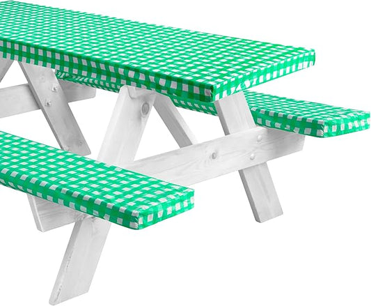 LINPRO 8ft Picnic Table Cover with Bench Covers Vinyl Fitted Picnic Table Covers with Elastic Camping Essentials and Picnic Tablecloth and RV Accessories