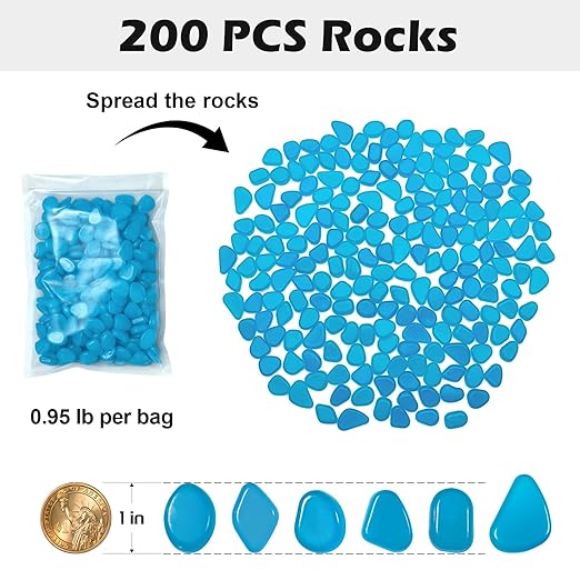 Glow in The Dark Rocks Outdoor, 200 pcs Blue Solar Rocks for Landscaping, Outdoor Decor Glow in The Dark Stones, Glowing Pebbles for Garden Backyard Patio Lawn Pond Fish Tank Aquarium Decor
