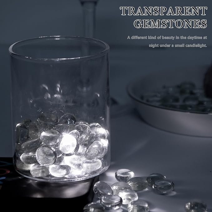 50PCS Mini Glass Gems,Clear Mancala Stones Flat Bottom Marble Beads for Home Decorative Art Craft Vase Filler(0.5"~0.7")