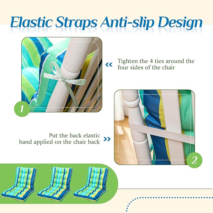 Hoteam 6 Set Patio Chair Cushions Outdoor High Chair Cushion 20 x 40 Inch Waterproof Patio Seat Rocking Indoor Thickened Pad(Striped Style,Green)