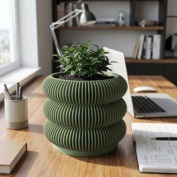 Fabix 4.7" 3D Printed Plant Pots - Unique Bubble Ring Modern Planters for Indoor Plants, Durableo-Friendly PLA Flower Pots with Drainage for Succulents, Cactus, Home Office Décor.(Military Green)