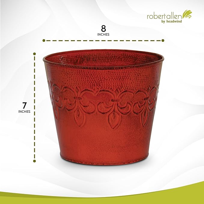 Headwind Ironlite Fleur De Lis Collection – 8" Cayenne Red Decorative Planter with Drain Plug – Lightweight Metal Garden Pots for Indoor & Outdoor Planters Use by Robert Allen