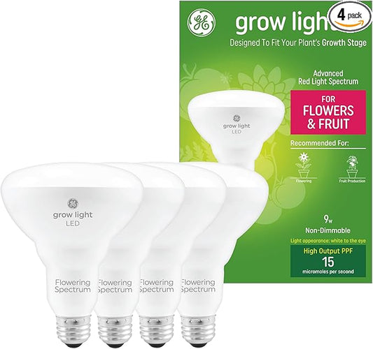 GE Grow Lights for Indoor Plants, BR30 Indoor Floodlight, LED Light Bulbs for Flowers and Fruit, Advanced Red Light Spectrum, 25,000 Hours Lifespan, 15 PPF, 4 Pack (Packaging May Vary)