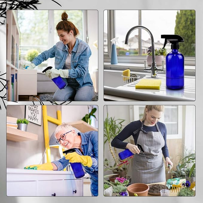 Glass Spray Bottles, 16oz Refillable Containers, Empty Boston Round Bottles with Labels & Adjustable Nozzle for Cleaning, Gardening, Aromatherapy, Pets, Plant, Hair -Blue (2 Pack)