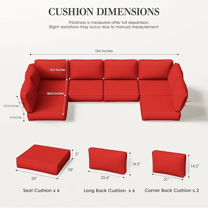 Outdoor Replacement Cushions for Patio Furniture, 5" Foam High-Density, 14-Piece Water-Resistant Outdoor Cushion for 6-Seat Sectional Patio Conversation Sets, Liner&Cover