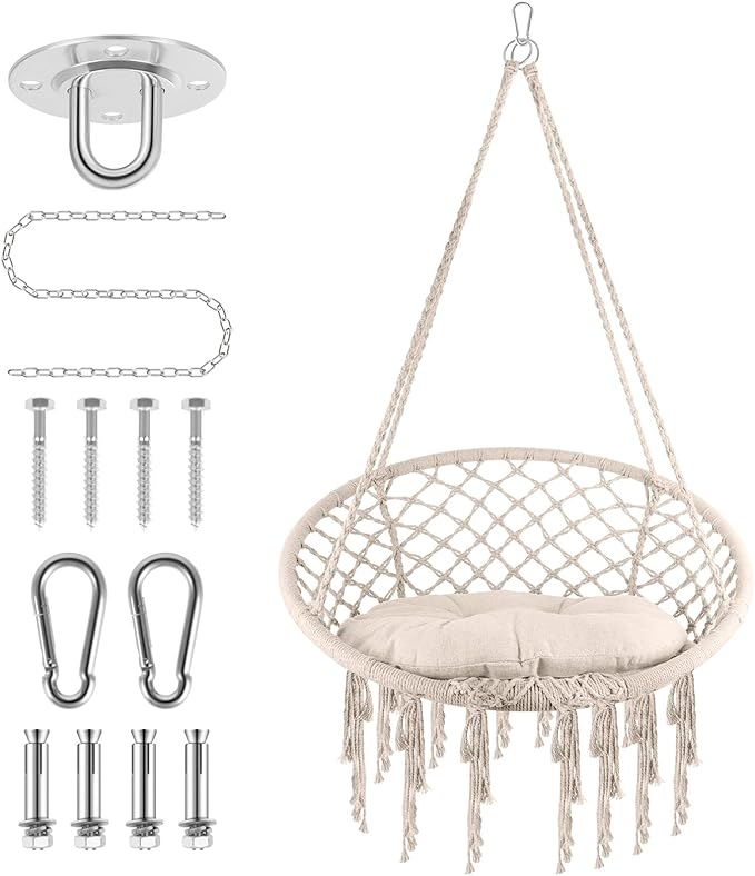 Hammock Chair Macrame with Stand & Cushion, 500 LBS Heavy Duty Swing Chair, 31.5" Wide Seat, Steel O-Rings for Indoor Outdoor Bedroom and Balcony Garden (Beige)