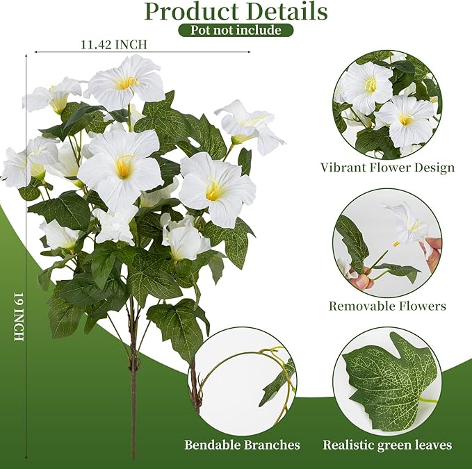 19 Inch Artificial Fake Flowers for Outdoor,4 Pcs White Faux Silk Petunias Spring Flowers for Outside for Indoor Porch Planter Front Door Garden Patio Window Box Home Decor
