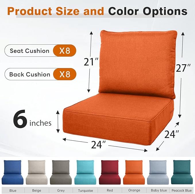 Belord Luxury 6" Thick Outdoor Cushion 8 Set - 24 x24 Inch 28D Sponge Filling Fade-Resistant Chair Cushion, Spill Proof Removable Patio Furniture Replacement Cushion for Sofa Bench Swing - Orange