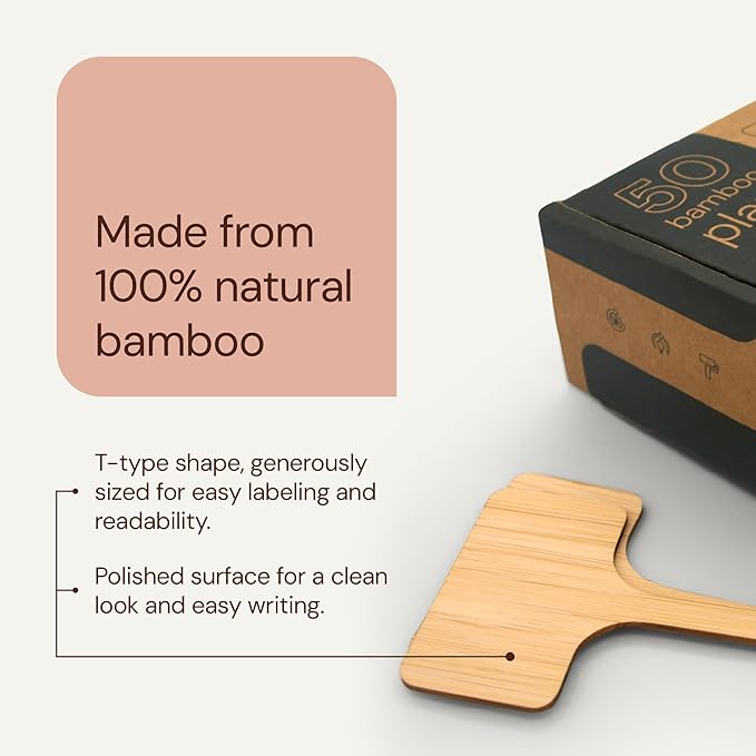 Bamboo Plant Labels, Eco-Friendly Garden Tags | 4" Short T-Type Wooden Garden Markers | 100% Natural, Biodegradable | for Labeling Herbs, Seedlings, Vegetables, Cheeses, Appetizers, Desserts | 50 pcs