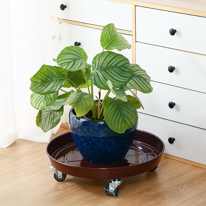 3 Packs Metal Plant Caddy with Wheels 16" Rolling Plant Stand Heavy Duty Plant Dolly with Casters for Indoor and Outdoor Large Planter Casters Potted Plant Mover, Dark Coffee