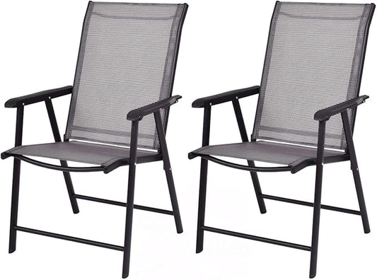 Giantex Set of 2 Patio Folding Chairs, Outdoor Chairs with Armrest, Portable Dining Chairs for Porch Camping Pool Beach Deck Lawn Garden, 2-Pack Patio Sling Chairs, Metal Frame, Grey