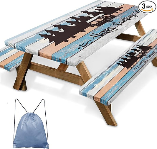 Picnic Table Cover with Bench Covers Elastic Edges, Blue Camper Fitted Table Cover, Outdoor Patio Camping Essentials 72 Inch 3PCS, Waterproof Camping Fitted Tablecloth with Drawstring Bag