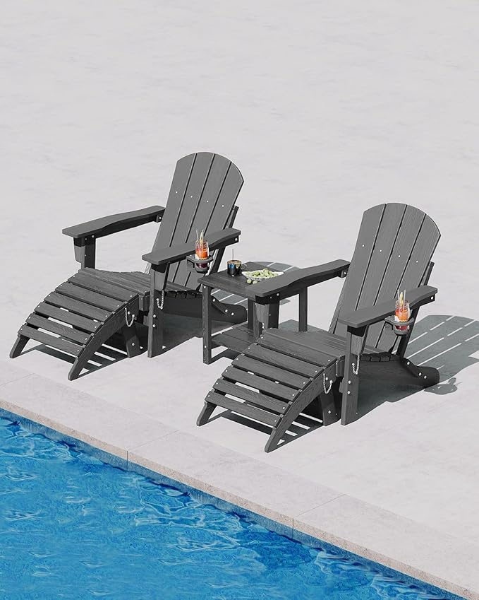 Folding Adirondack Chair Set of 4 with Ottoman, All-Weather HDPE Outdoor Chair, Wooden Textured with Cup Holder for patios, Decks, Gardens, fire pits, Grey