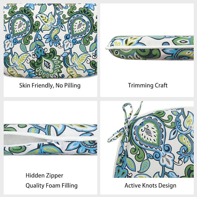 Magpie Fabrics Outdoor/Indoor 17"x16"x2" Chair Cushions with Ties Set of 2, Waterproof All Weather U-Shape Seat Pads Decoration for Patio Garden Furniture Home Office (Botanical Blue Green)