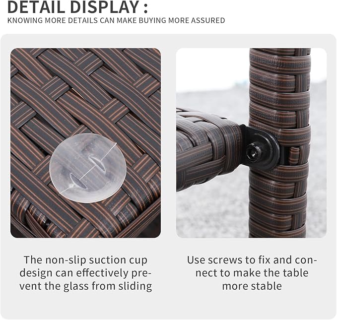 Valita Outdoor Wicker Glass Top Side Table - Garden Metal Square Tea Table with Storage, Brown