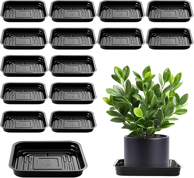 15 Pack 8 Inch Plant Saucer Plant Trays for Pots Square Plant Pot Saucers for Outdoors and Indoors Plant Water Catcher Tray Plastic Plant Trip Trays Saucers for Potted Plants Planter Dishes, Black