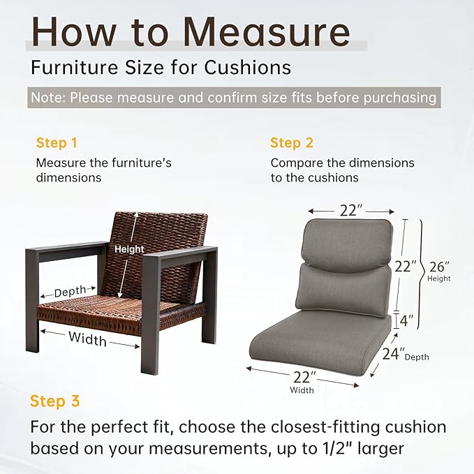 Belord Luxury 4" Thick Smile Outdoor Cushion Set - 22 x24 Inch 28D Sponge Filling Fade-Resistant Chair Cushions, Spill Proof Removable Patio Furniture Replacement Cushion for Sofa Bench - Grey
