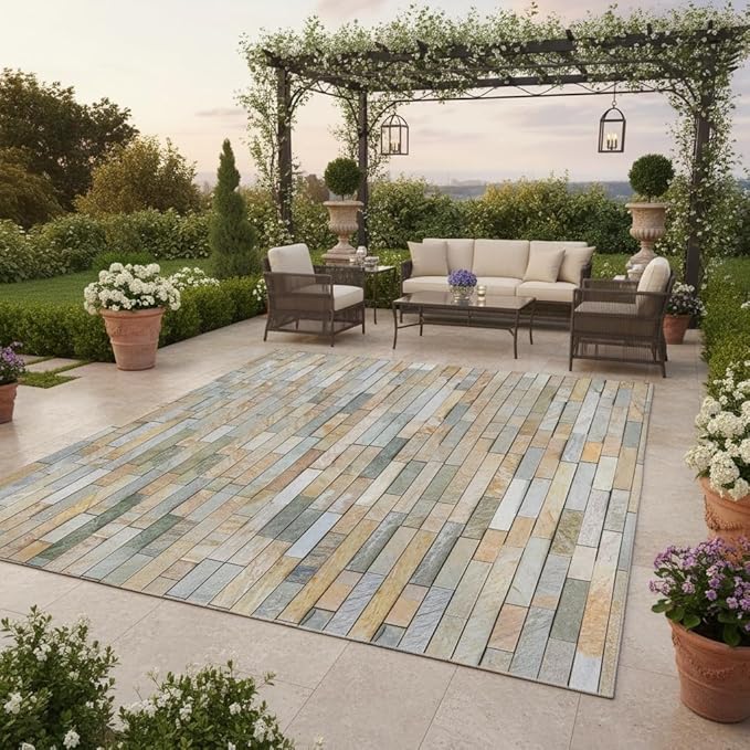 Natural Yellow Brown Grey Brick Stone Wall Texture 9x12 Outdoor Area Rug for Deck Garden Patio Balcony Camping Porch Durable Non Skid Big Rugs Waterproof Stain Resistant Outside Carpet Floorcovers