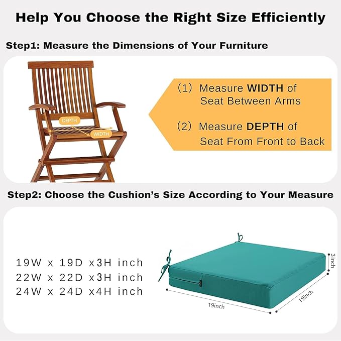 idee-home Outdoor Chair Cushions Set of 2, Waterproof Outdoor Seat Cushions for Patio Furniture, Outside Replacement Chair Pad with Ties for Lawn Deck Porch, 19 x 19 Peacock Blue