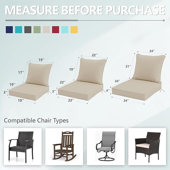 22x22 Inch Patio Chair Cushion with Removable Cover, Outdoor Furniture Cushion - Water-Repellent, Fade-Resistant, Non-Slip Bottom & Straps, Replacement for Lawn, Porch & Deck Chair - Cream