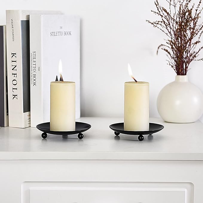 Candle Holder Decorative Iron Plate,Candle Stand for LED & Wax Candles,Spa,Bathroom,Weddings,4.33x0.78inch,Set of 3 (Matte Black)