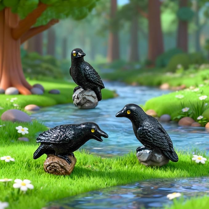 3PCS Crows Fairy Garden Accessories, Mini Resin Animals, Miniature Figurines, Micro Landscape Ornaments Kit