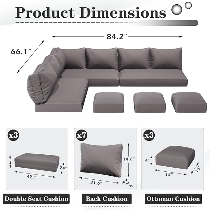 U-MAX Outdoor Cushions, Patio Replacement Cushions for Outdoor Furniture, Fits for 7-Seats Wicker Rattan Conversation Set, 13-Piece Cushions Set for Outdoor Sectional, Dark Grey