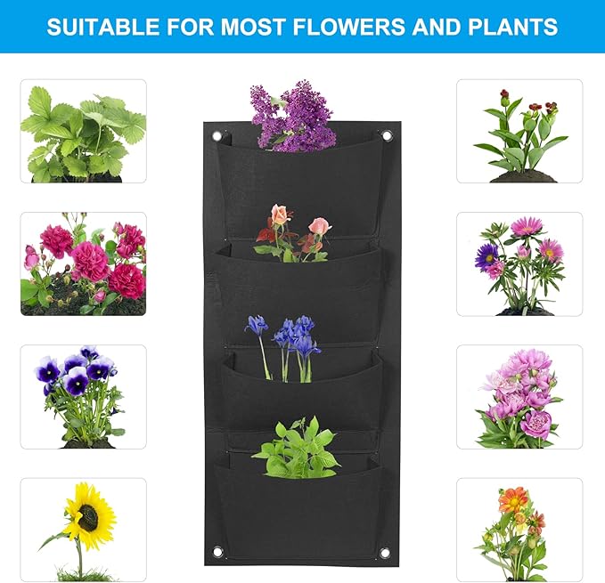 PATIKIL 4 Pockets Vertical Hanging Grow Bags, Wall Hanging Planter Bags Wall-Mounted Felt Fabric Planting Grow Bags for Garden Home Decoration, Black
