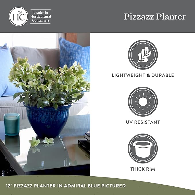 The HC Companies Pizzazz Decorative Round Flower Pots w/Ceramic Look - UV-Resistant Decorative Pot for Outdoor & Indoor Plant Pots - Modern Planter for Flower, Herbs (12” Blue Drip, Pack of 1)