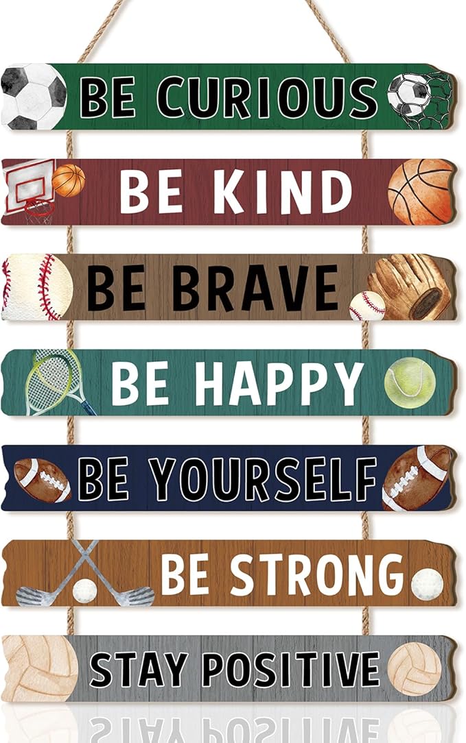 HLNIUC Sport Themed Wood Sign(11”x2”) Basketball Motivational Sayings Wall Decor,Inspiring Be Curious Be Kind Hanging Plaque,Be Yourself Classic Hanging Sign for Boys Kids Room Playroom Nursery Decor