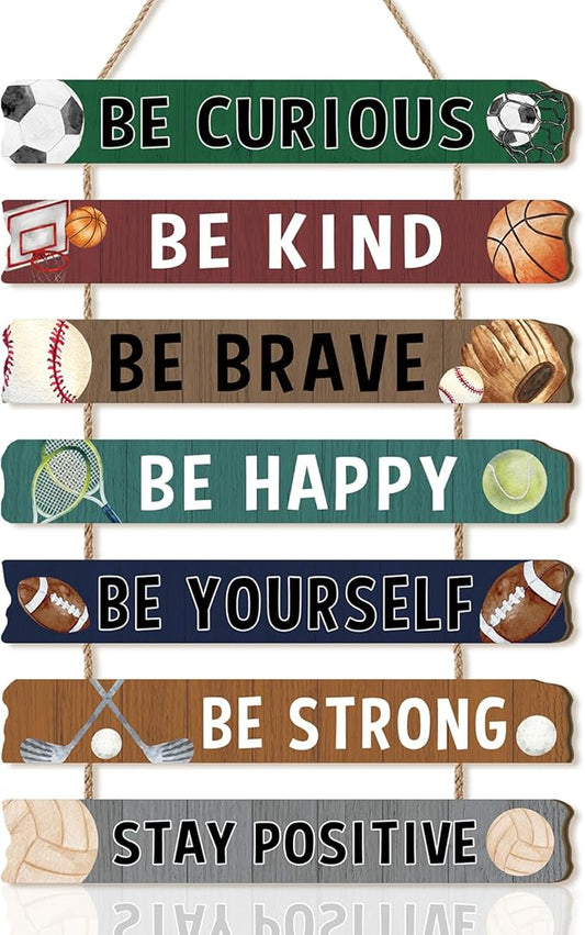 HLNIUC Sport Themed Wood Sign(11”x2”) Basketball Motivational Sayings Wall Decor,Inspiring Be Curious Be Kind Hanging Plaque,Be Yourself Classic Hanging Sign for Boys Kids Room Playroom Nursery Decor