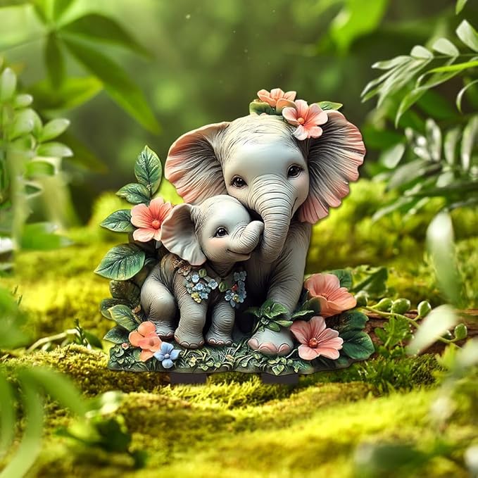 Garden Stake Decor, Acrylic 2D Flat Animal Statue, Fairy Sculptures Ornament Indoor Outdoor Yard Lawn Pot Plant Decorative Accessories (Small Elephant)