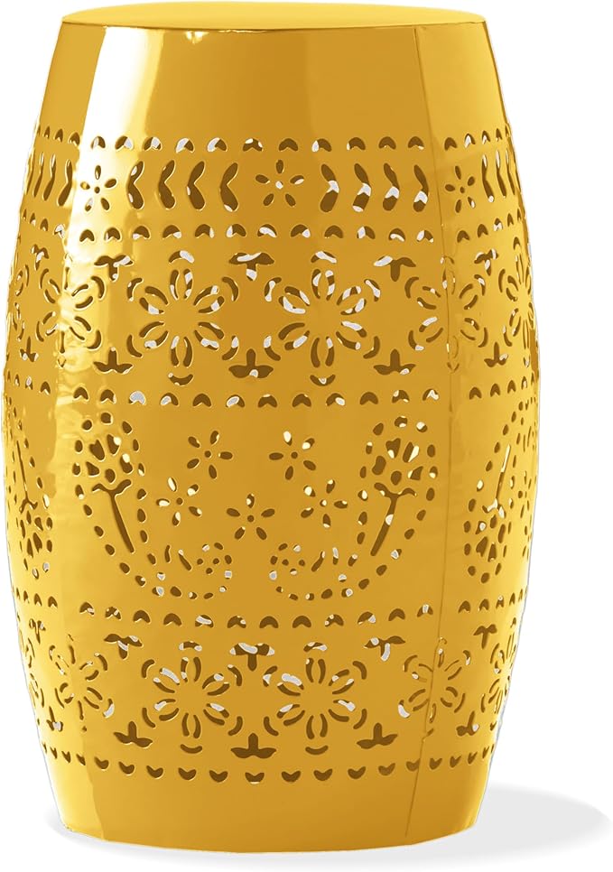 Christopher Knight Home Zoey Small Outdoor Side Table, Lace Cut Iron End Table, Metal Outdoor Stool, Hollow Drum Round Side Table, Decorative Garden Stool with Cutout Design for Patio Balcony, Yellow