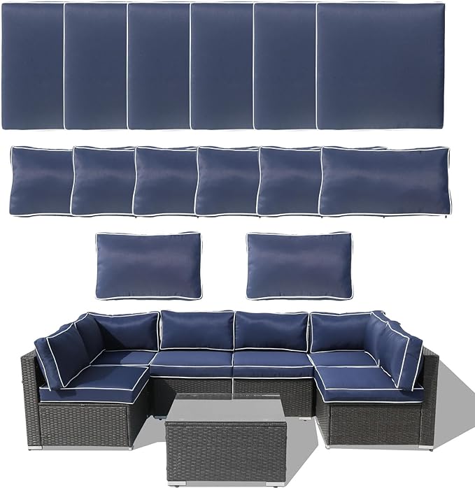 14Piece Outdoor Sofa Cushion Replacement, Patio Furniture Waterproof Cushion with Zippers, fit 6-Seat Outdoor Wicker Rattan Sectional Couch (Dark Blue and White, 24.8"x24.8"x3.15")